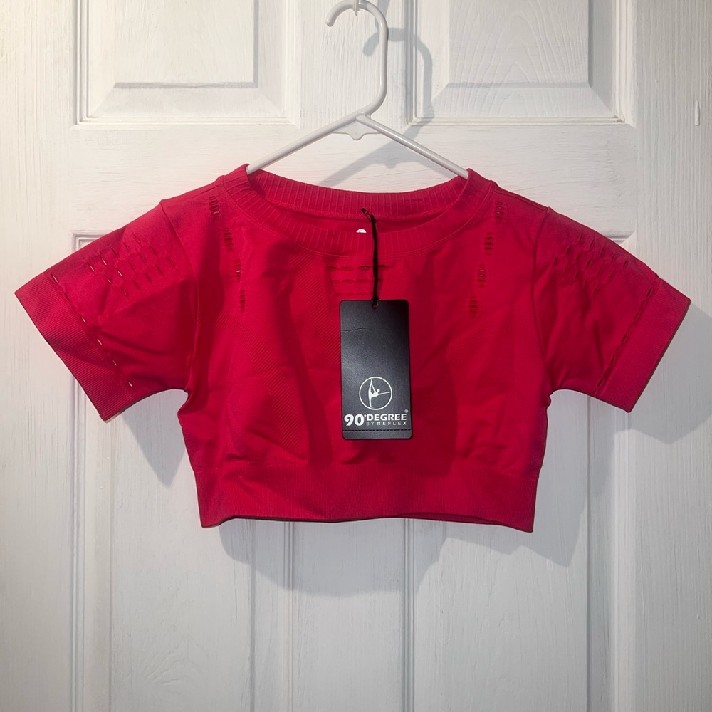 NWT 90 Degree by Reflex Women Short Sleeve Cutout Crop Top Hot Pink LARGE